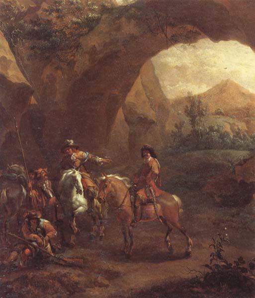 Adam Colonia Landscape with troopers and soldiers beneath a rocky arch Sweden oil painting art